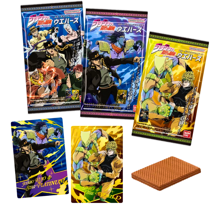 🎴 JoJo’s Bizarre Adventure – חבילת קלפי וופרים מקוריים מבית BANDAI 🍫
סדרת Stardust Crusaders | קלפים + וופל יפני | חבילה אחת – רק ב־30 ש”ח!