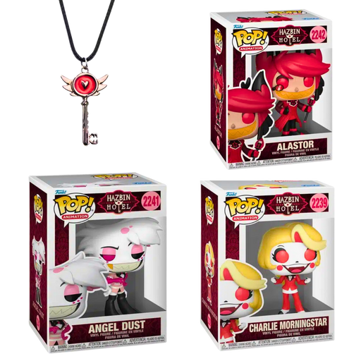 באנדל Hazbin Hotel – Funko Pop Charlie #2239 + Alastor #2242 + Angel Dust #2241 + מחזיק מפתחות מבית אנימה מרקט רק ב - https://anime-market.co.il