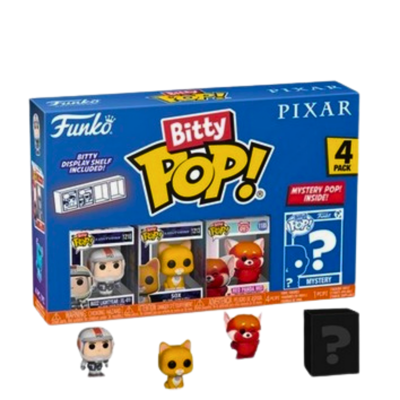 Funko Pop! Bitty – סט 4 בובות מיני Disney·Pixar | באז שנות אור, סוקס, מיי פנדה אדומה + דמות מסתורית | כולל ארון תצוגה אקרילי