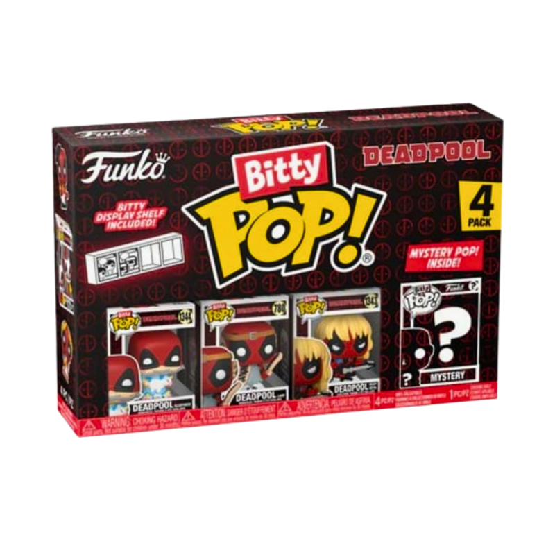 🟥 Funko Bitty Pop! – מארז Deadpool 4 דמויות מיני | Deadpool | כולל דמות מסתורין ומדף תצוגה אקרילי