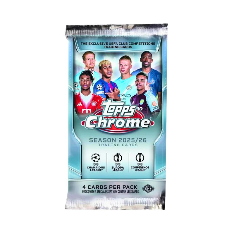 Topps Chrome UEFA Club Competitions 2025/26 – חבילת 4 קלפי כדורגל מקוריים