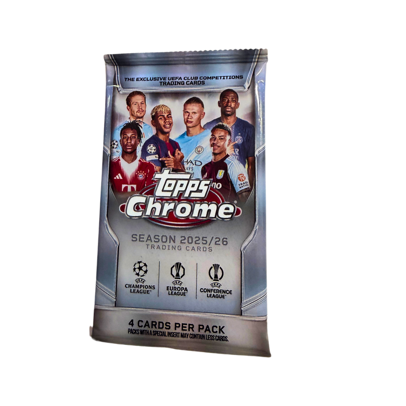 Topps Chrome UEFA Club Competitions 2025/26 – חבילת 4 קלפי כדורגל מקוריים