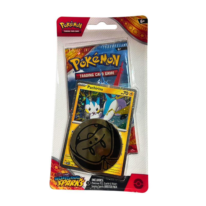 Pokémon TCG – חבילת בוסטר Surging Sparks עם קלף פרומו Pachirisu ומטבע אספנות מבית קלפים רק ב - https://anime-market.co.il
