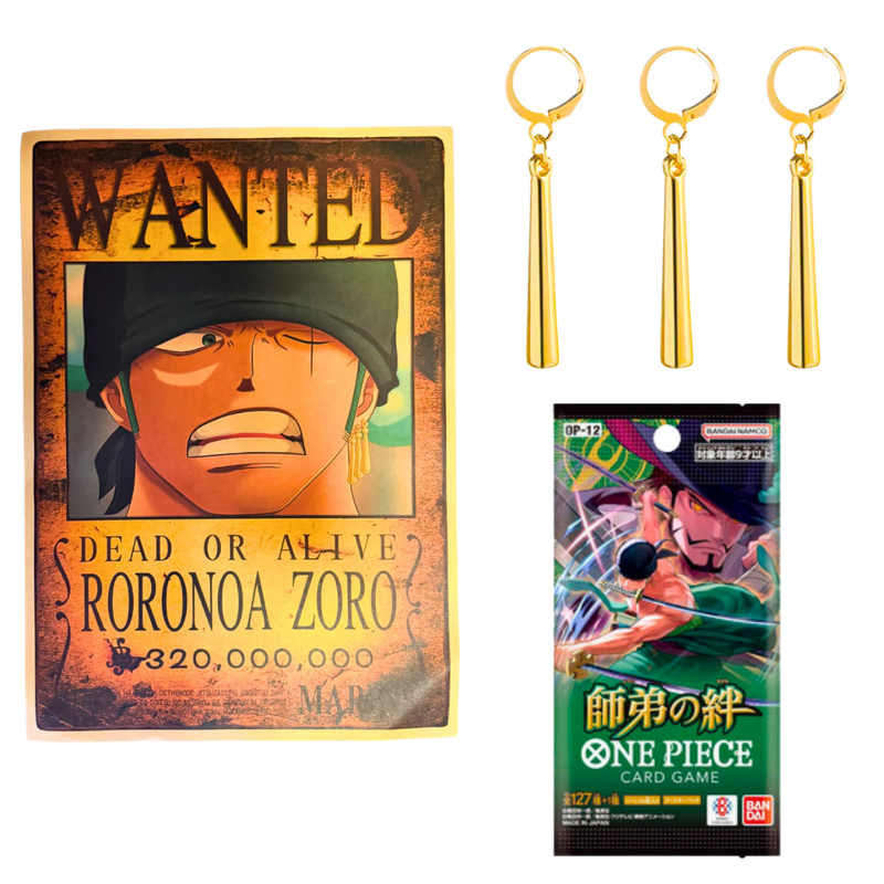 באנדל Zoro המושלם – One Piece אספנות | פוסטר מבוקשים + OP-12 קלפים + עגילי קליפס | מבצע משתלם | בלעדי לאתר