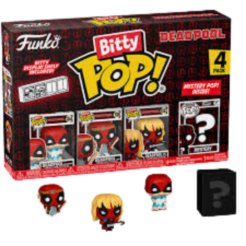 🟥 Funko Bitty Pop! – מארז Deadpool 4 דמויות מיני | Deadpool | כולל דמות מסתורין ומדף תצוגה אקרילי